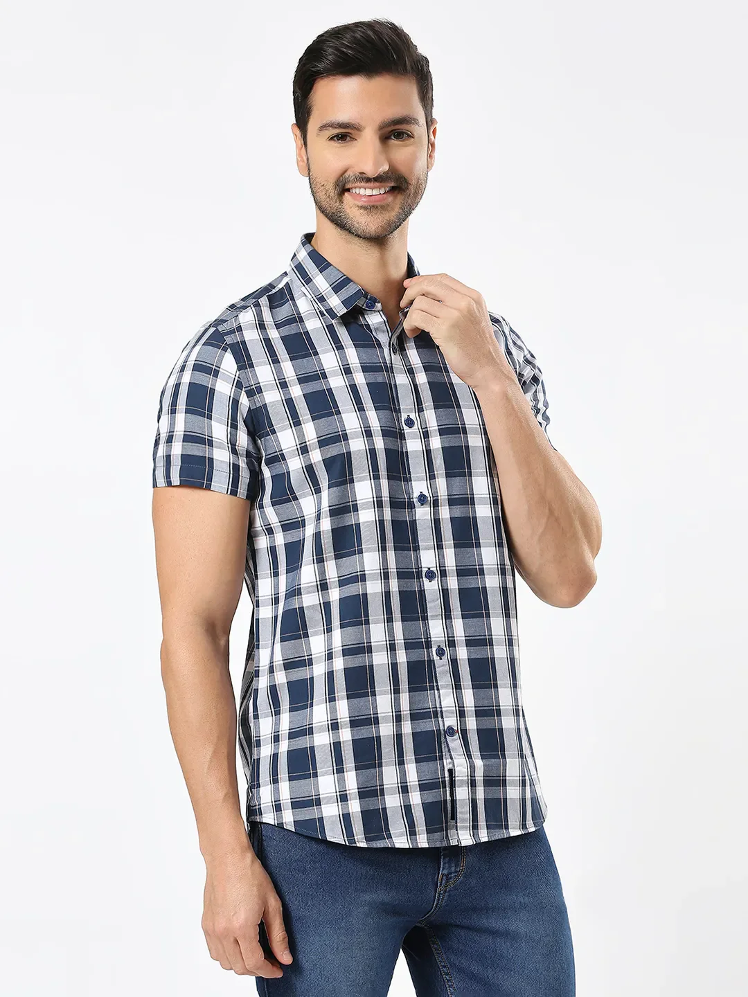 Blue Slim Straight Fit Regular Collar Short Sleeves Men's Shirt by Being Human Clothing - Image 3
