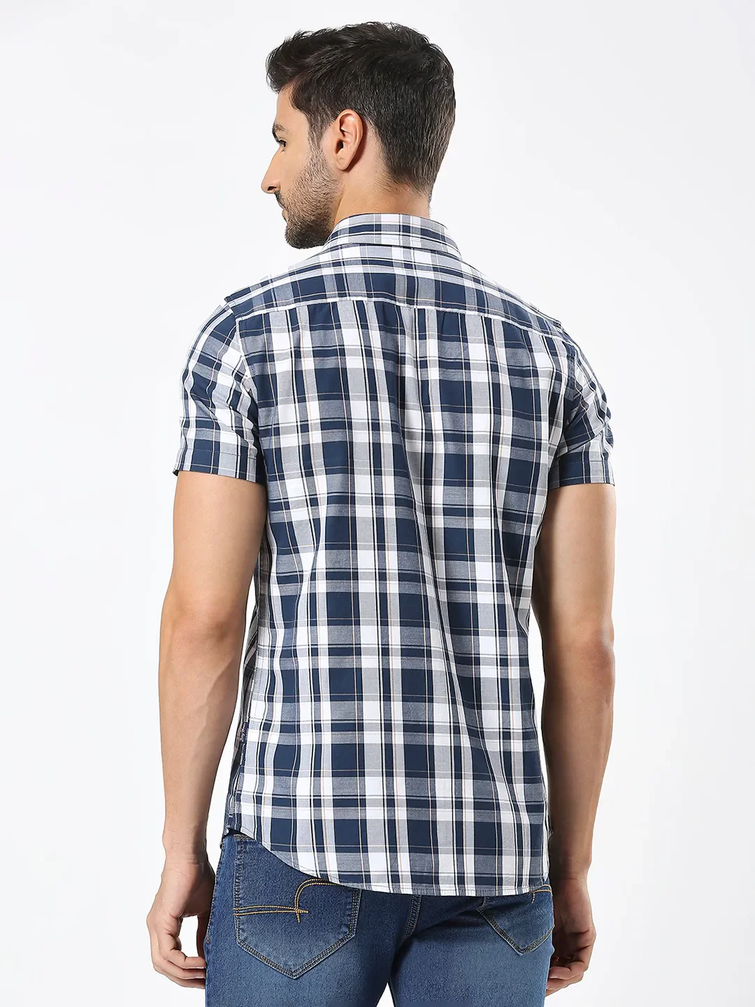 Blue Slim Straight Fit Regular Collar Short Sleeves Men's Shirt by Being Human Clothing - Image 4