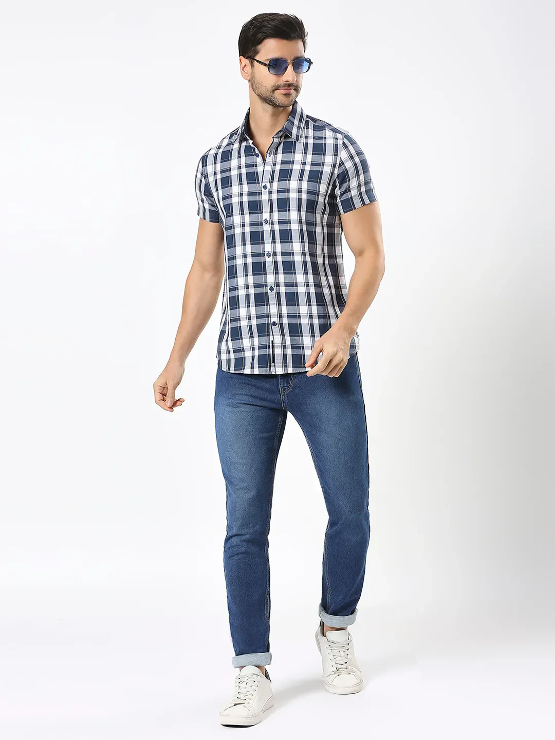 Blue Slim Straight Fit Regular Collar Short Sleeves Men's Shirt by Being Human Clothing - Image 6