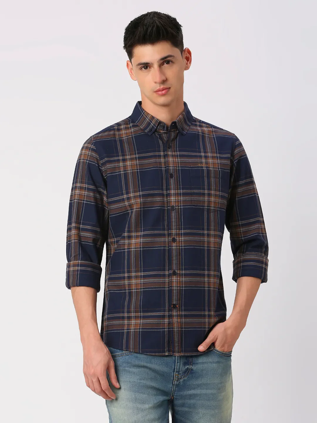 Navy Slim Fit Regular Collar Men's Shirt by Being Human Clothing