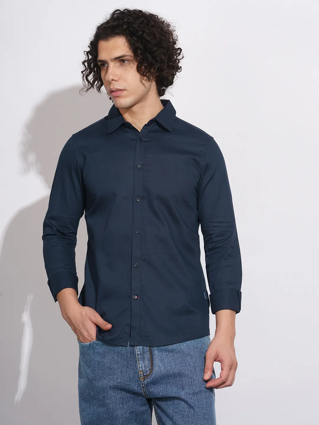 Navy Slim Fit Regular Collar Men's Shirt by Being Human Clothing