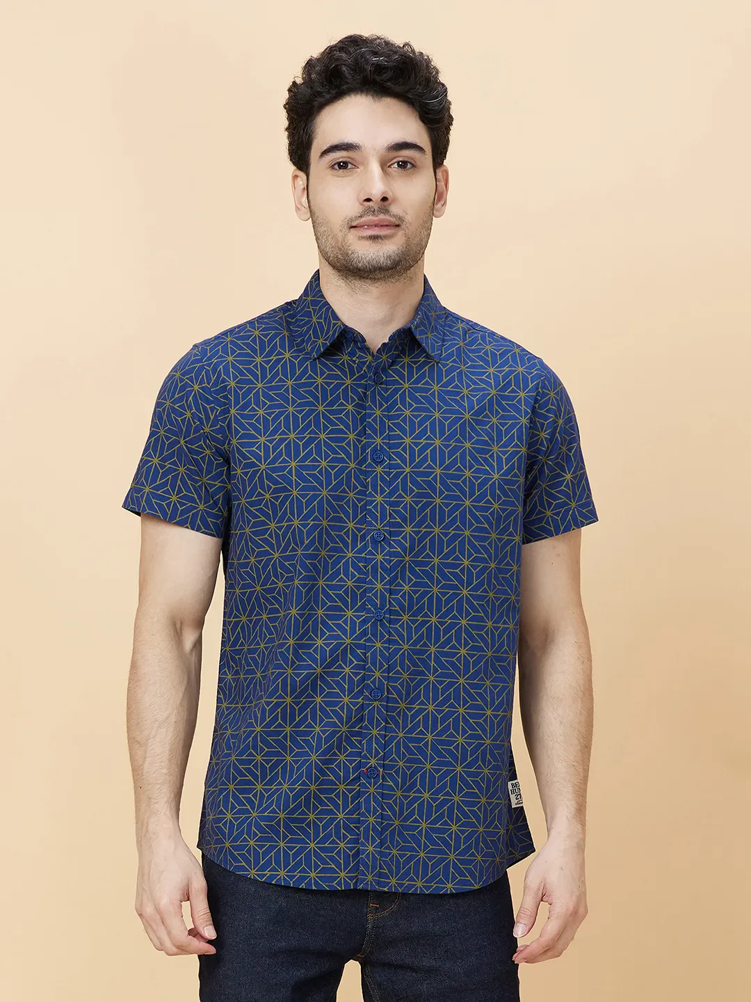 Blue Slim Straight Fit Regular Collar Short Sleeves Men's Shirt by Being Human Clothing