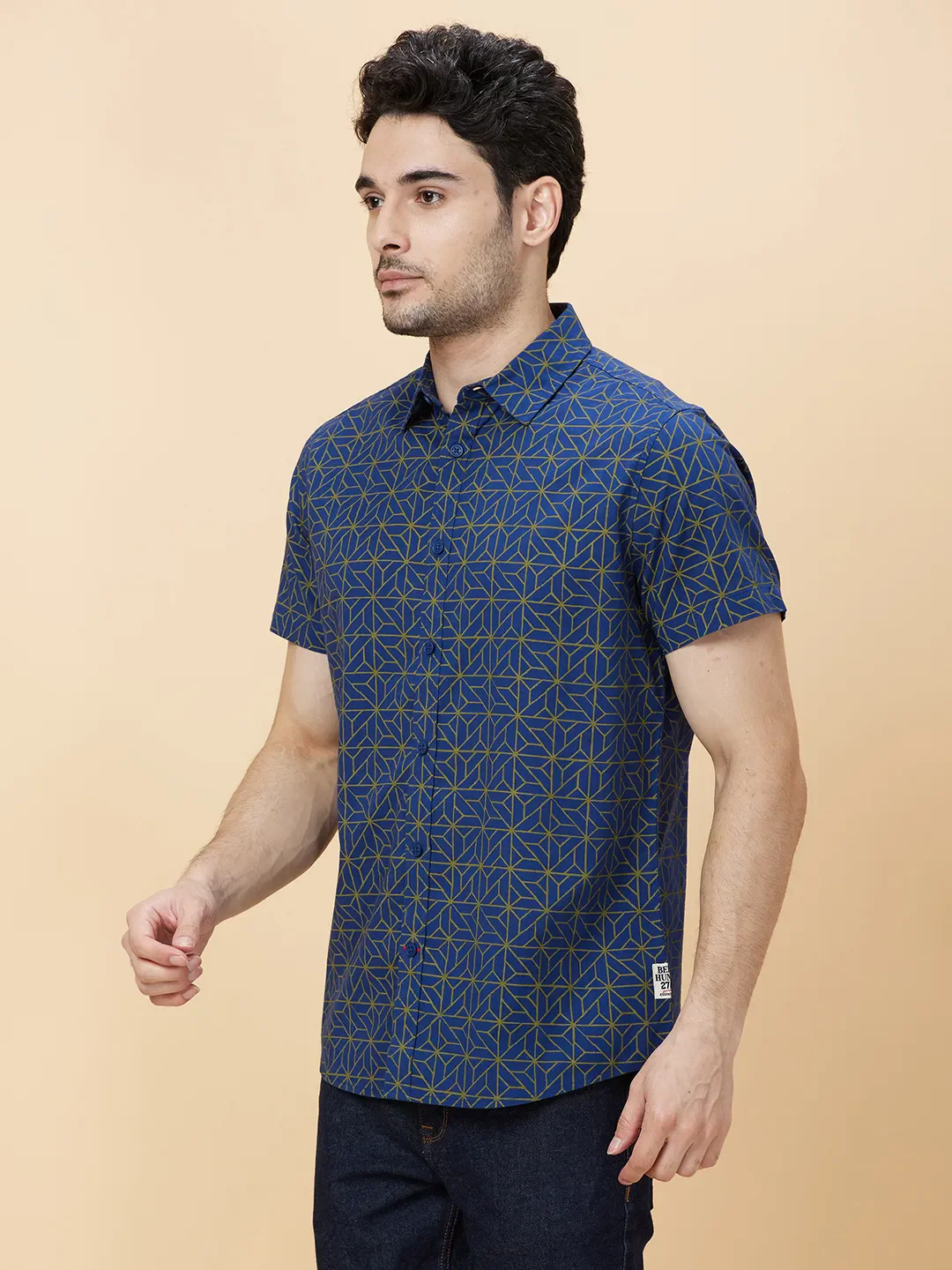 Blue Slim Straight Fit Regular Collar Short Sleeves Men's Shirt by Being Human Clothing - Image 3