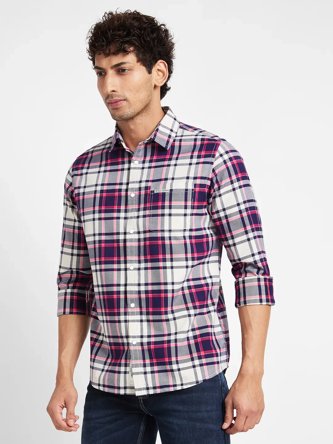 White Slim Straight Fit Regular Collar Long Sleeves Men's Shirt by Being Human Clothing - Image 3