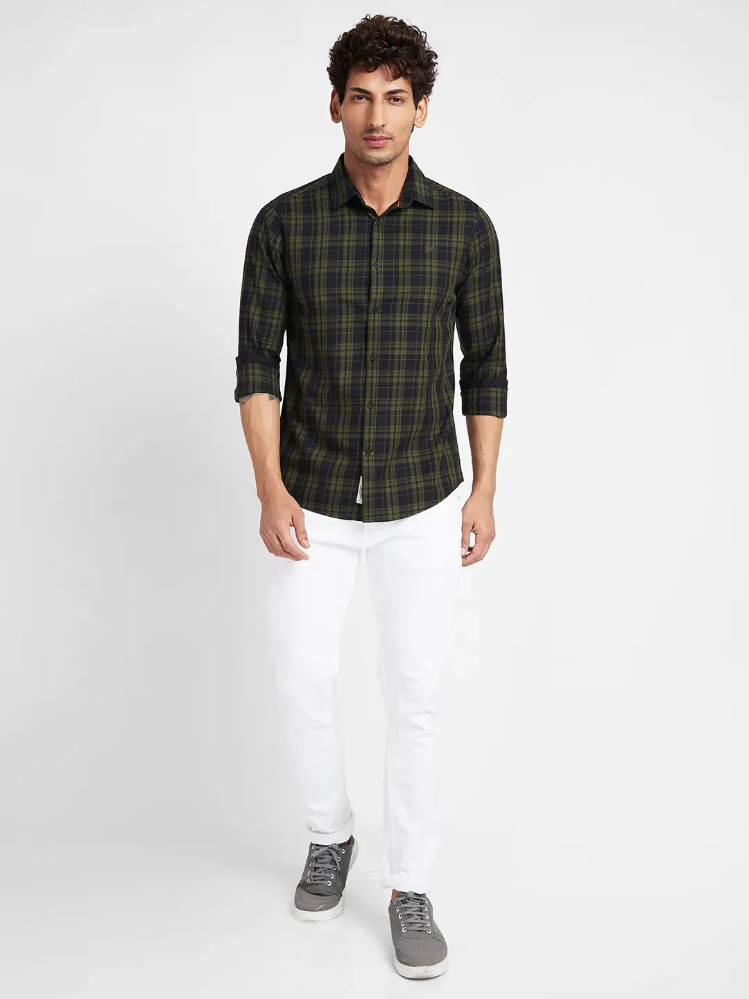 Olive Slim Straight Fit Regular Collar Long Sleeves Men's Shirt by Being Human Clothing - Image 2