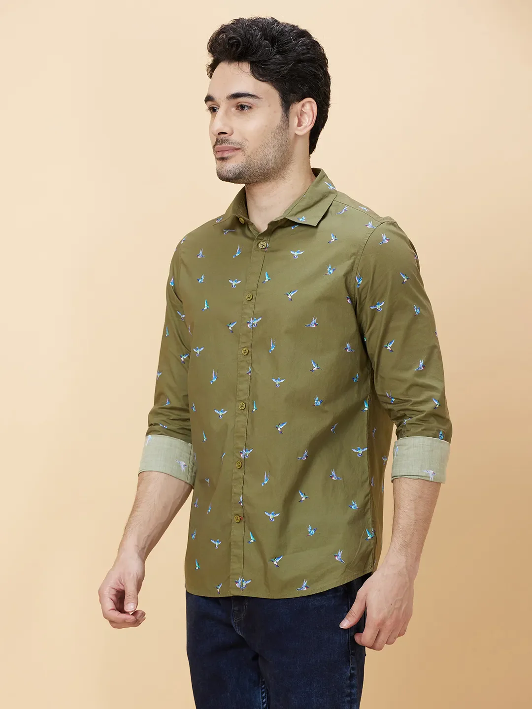 Olive Slim Fit Regular Collar Men's Shirt by Being Human Clothing - Image 3