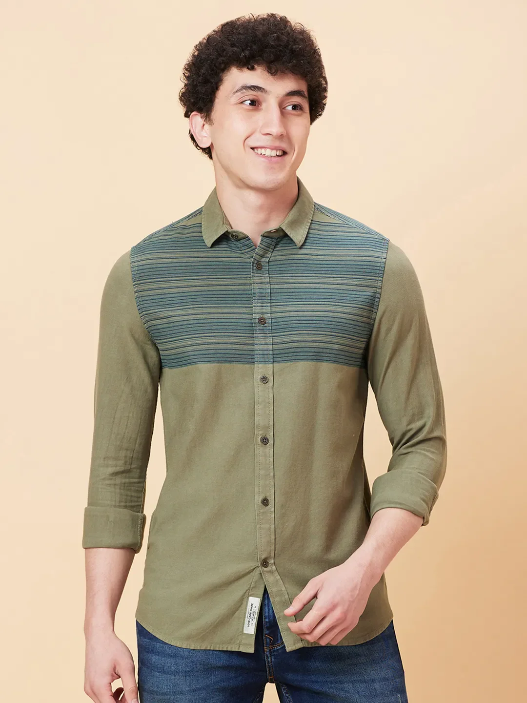 Olive Slim Fit Regular Collar Men's Shirt by Being Human Clothing