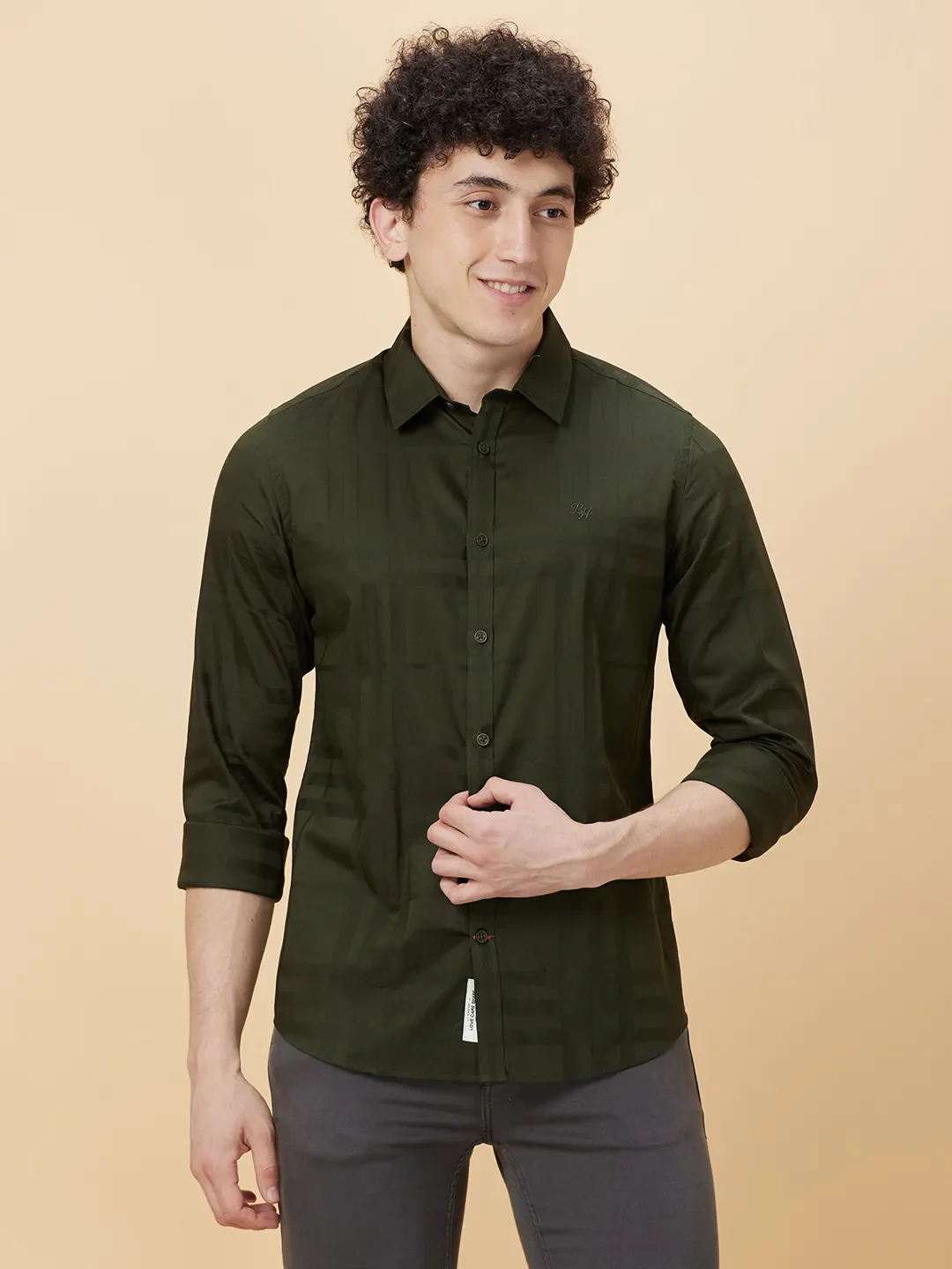 Olive Slim Straight Fit Regular Collar Long Sleeves Men's Shirt by Being Human Clothing