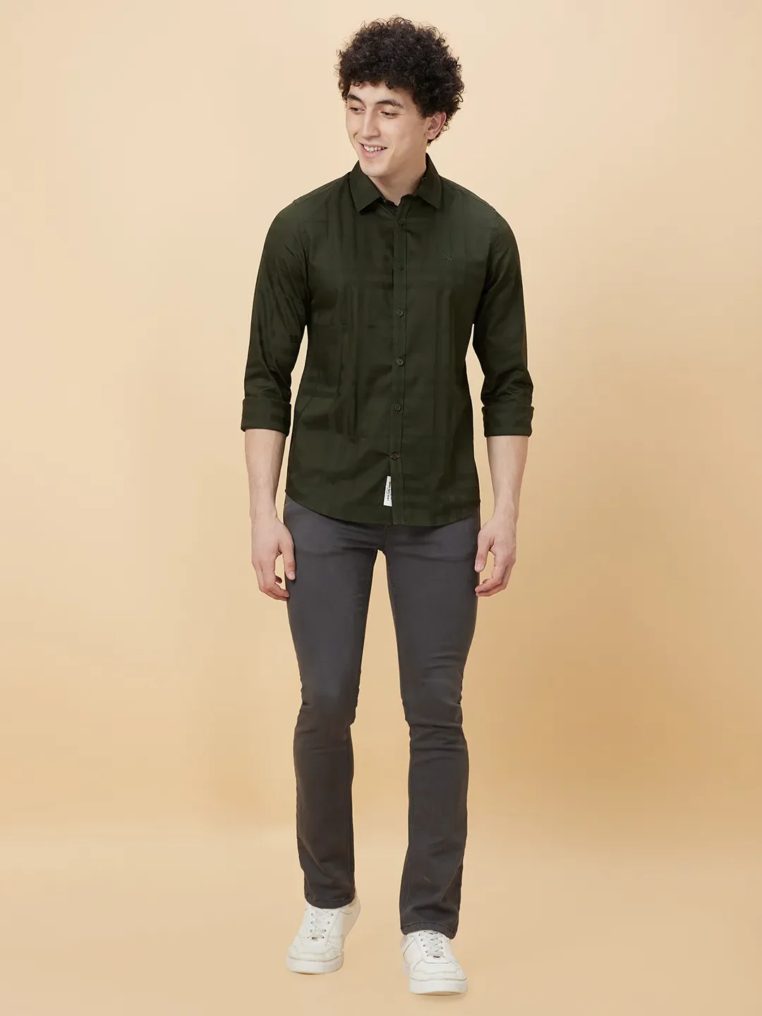 Olive Slim Straight Fit Regular Collar Long Sleeves Men's Shirt by Being Human Clothing - Image 2