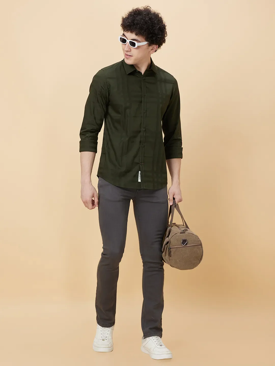 Olive Slim Straight Fit Regular Collar Long Sleeves Men's Shirt by Being Human Clothing - Image 6