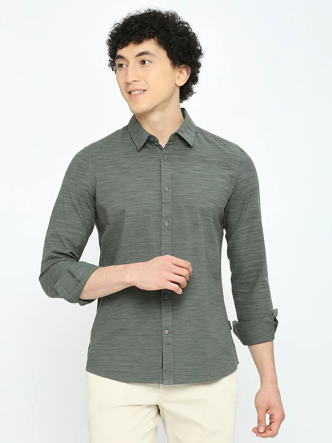 Olive Slim Straight Fit Regular Collar Long Sleeves Men's Shirt by Being Human Clothing