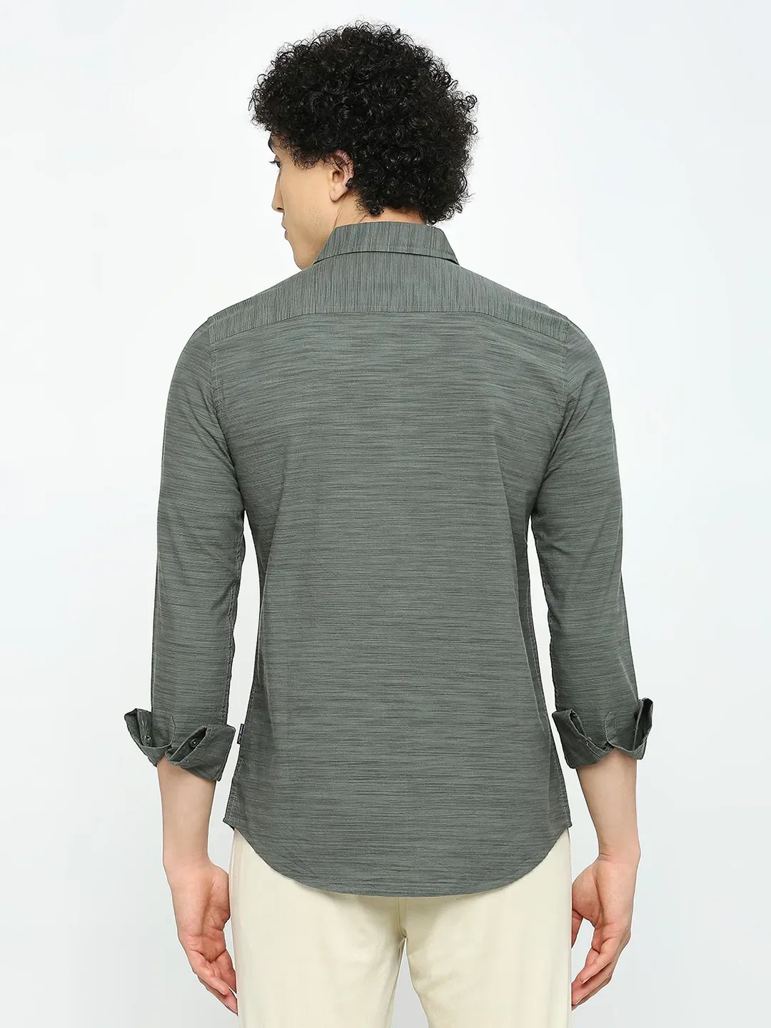 Olive Slim Straight Fit Regular Collar Long Sleeves Men's Shirt by Being Human Clothing - Image 4