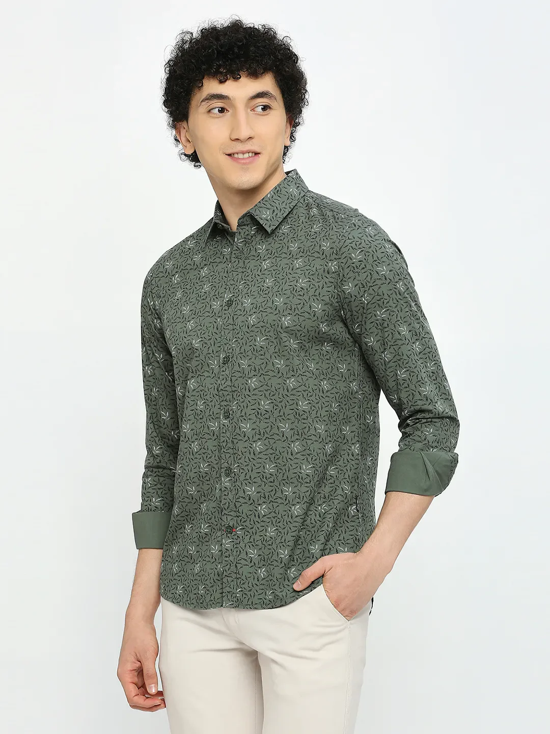 Olive Slim Straight Fit Regular Collar Long Sleeves Men's Shirt by Being Human Clothing - Image 2