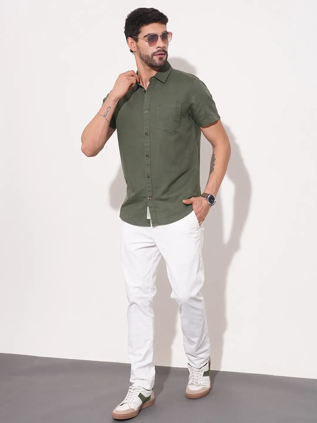 Olive Slim Straight Fit Regular Collar Short Sleeves Men's Shirt by Being Human Clothing - Image 2