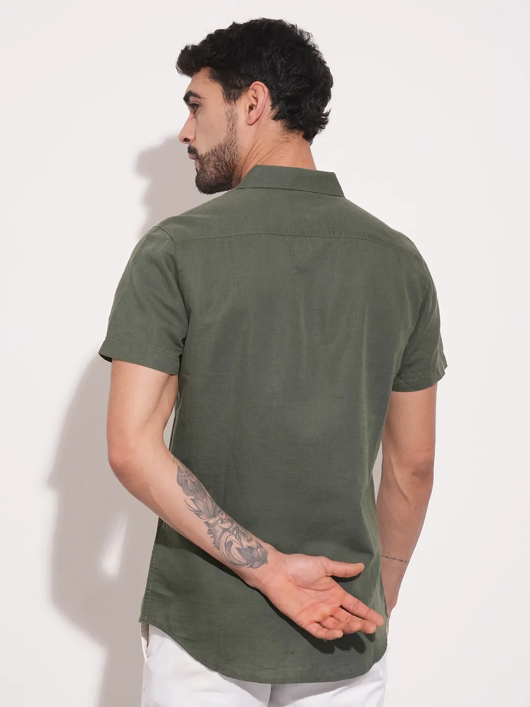 Olive Slim Straight Fit Regular Collar Short Sleeves Men's Shirt by Being Human Clothing - Image 3