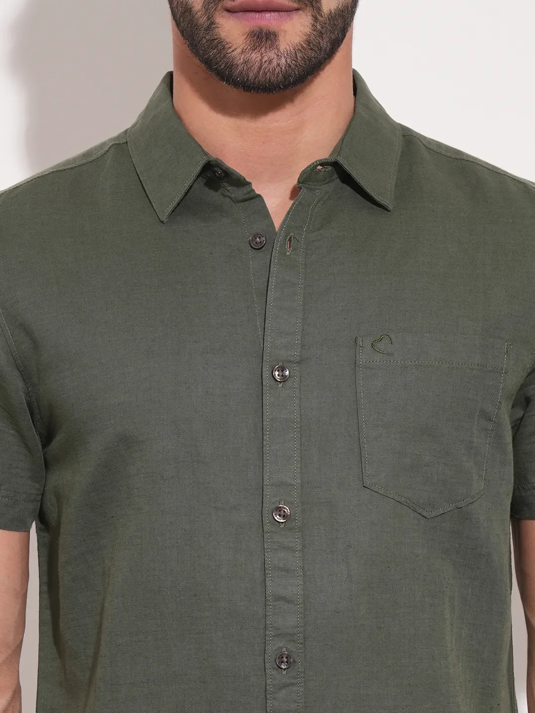 Olive Slim Straight Fit Regular Collar Short Sleeves Men's Shirt by Being Human Clothing - Image 5