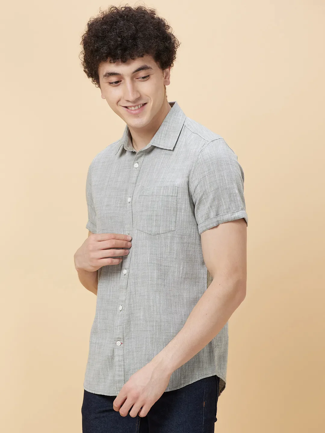Olive Slim Straight Fit Regular Collar Short Sleeves Men's Shirt by Being Human Clothing - Image 3