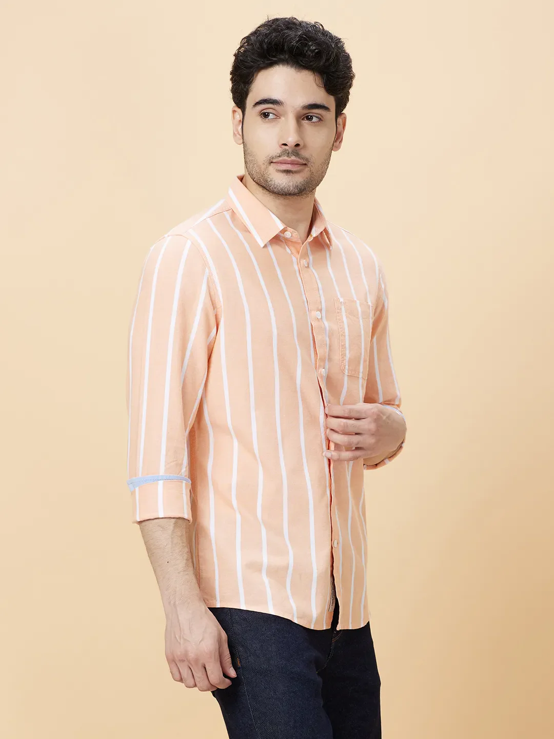 Orange Slim Straight Fit Regular Collar Long Sleeves Men's Shirt by Being Human Clothing - Image 3