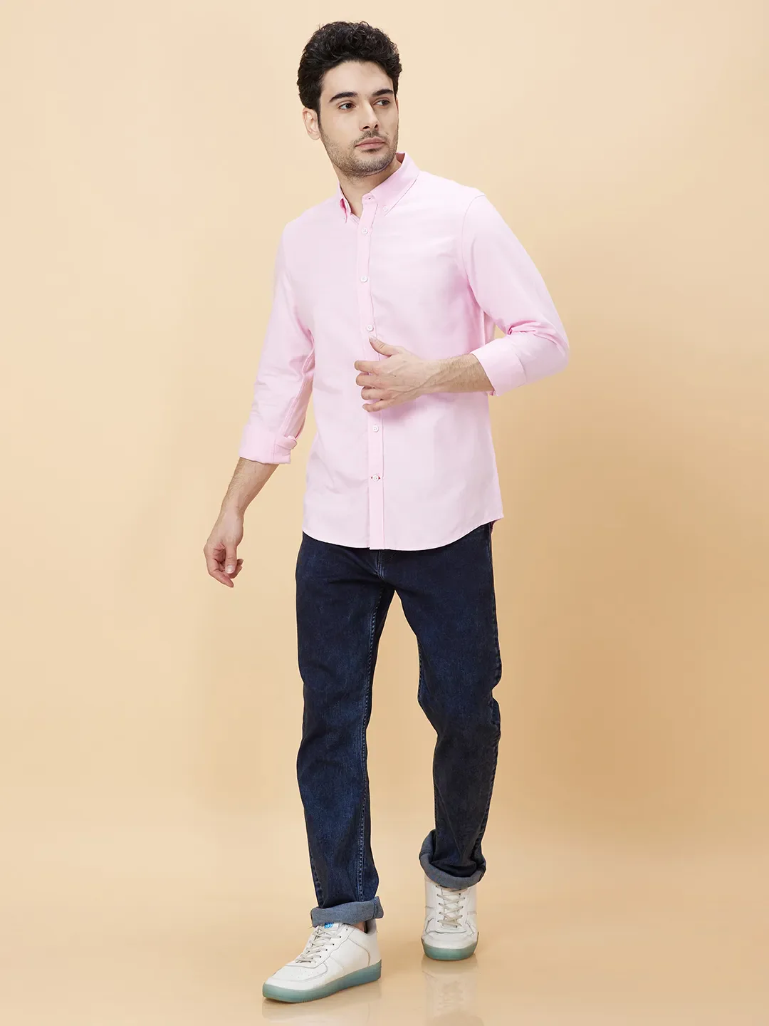 Pink Slim Straight Fit Regular Collar Long Sleeves Men's Shirt by Being Human Clothing - Image 5
