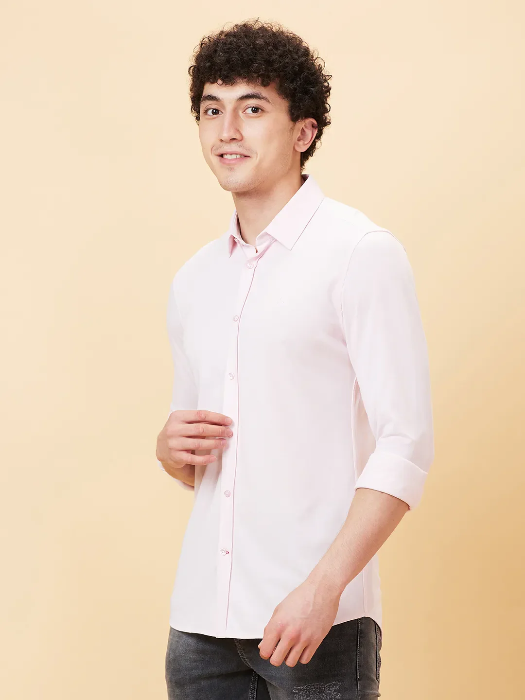 Powder Pink Slim Fit Regular Collar Men's Shirt by Being Human Clothing - Image 3