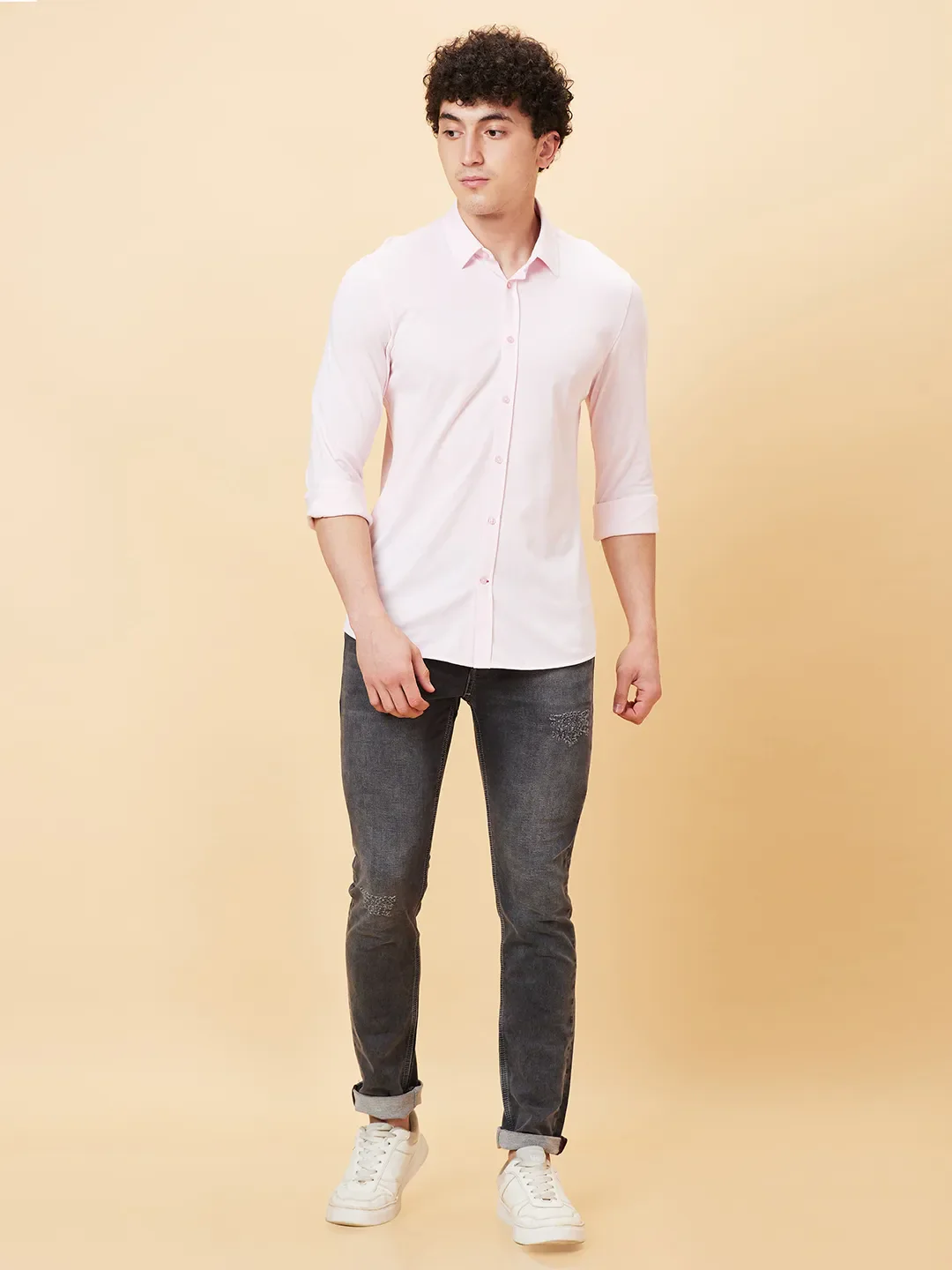 Powder Pink Slim Fit Regular Collar Men's Shirt by Being Human Clothing - Image 6