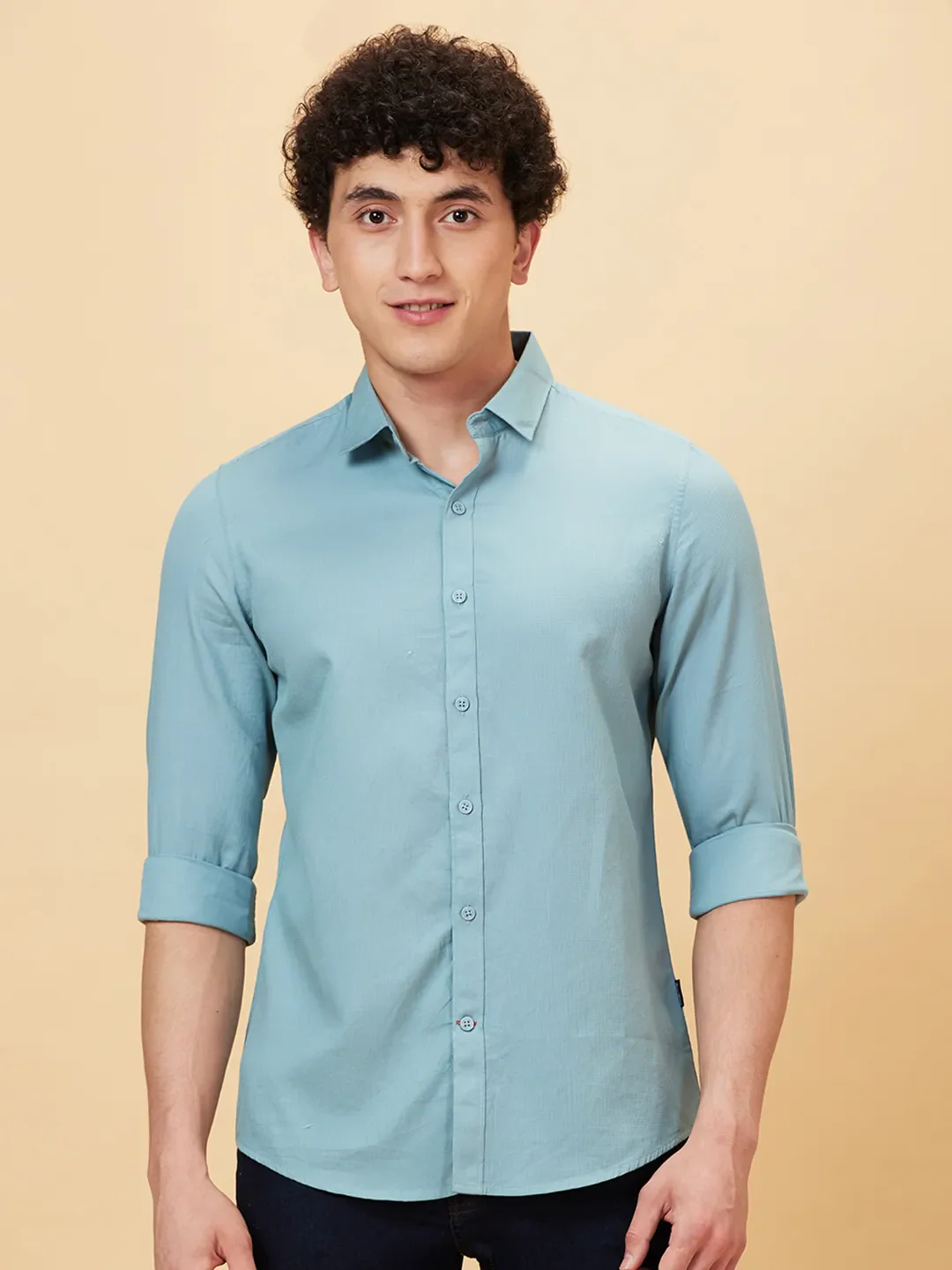 Green Slim Straight Fit Regular Collar Long Sleeves Men's Shirt by Being Human Clothing