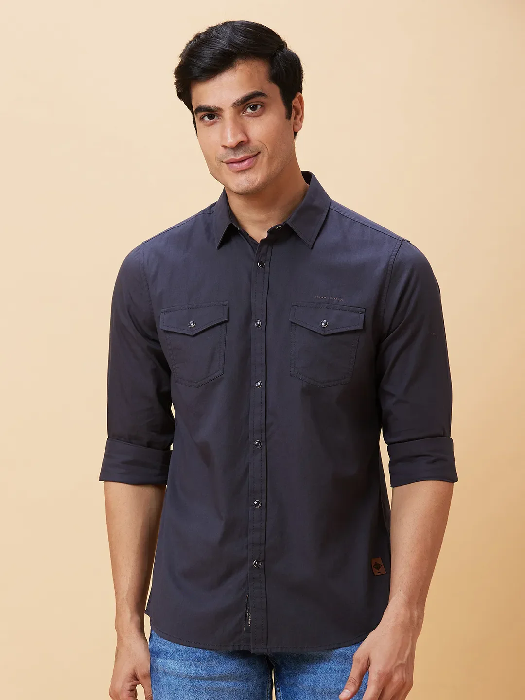 Grey Slim Straight Fit Regular Collar Long Sleeves Men's Shirt by Being Human Clothing