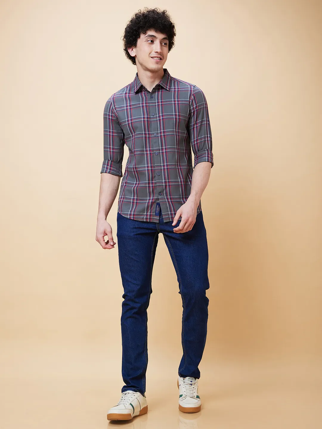 Grey Slim Straight Fit Regular Collar Long Sleeves Men's Shirt by Being Human Clothing