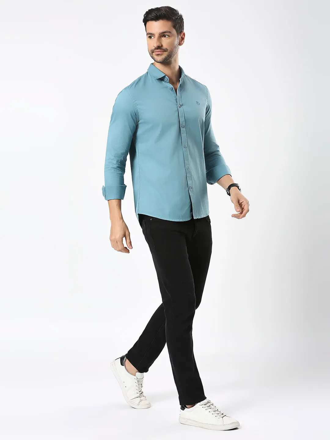 Green Slim Straight Fit Regular Collar Long Sleeves Men's Shirt by Being Human Clothing - Image 6