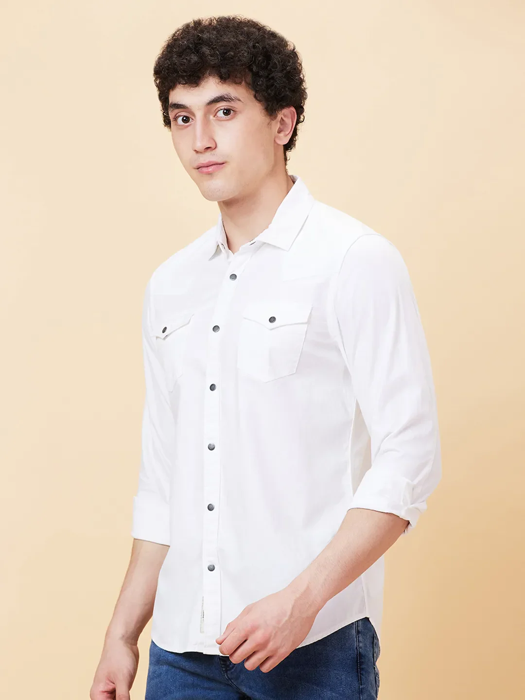 White Slim Straight Fit Regular Collar Long Sleeves Men's Shirt by Being Human Clothing - Image 3