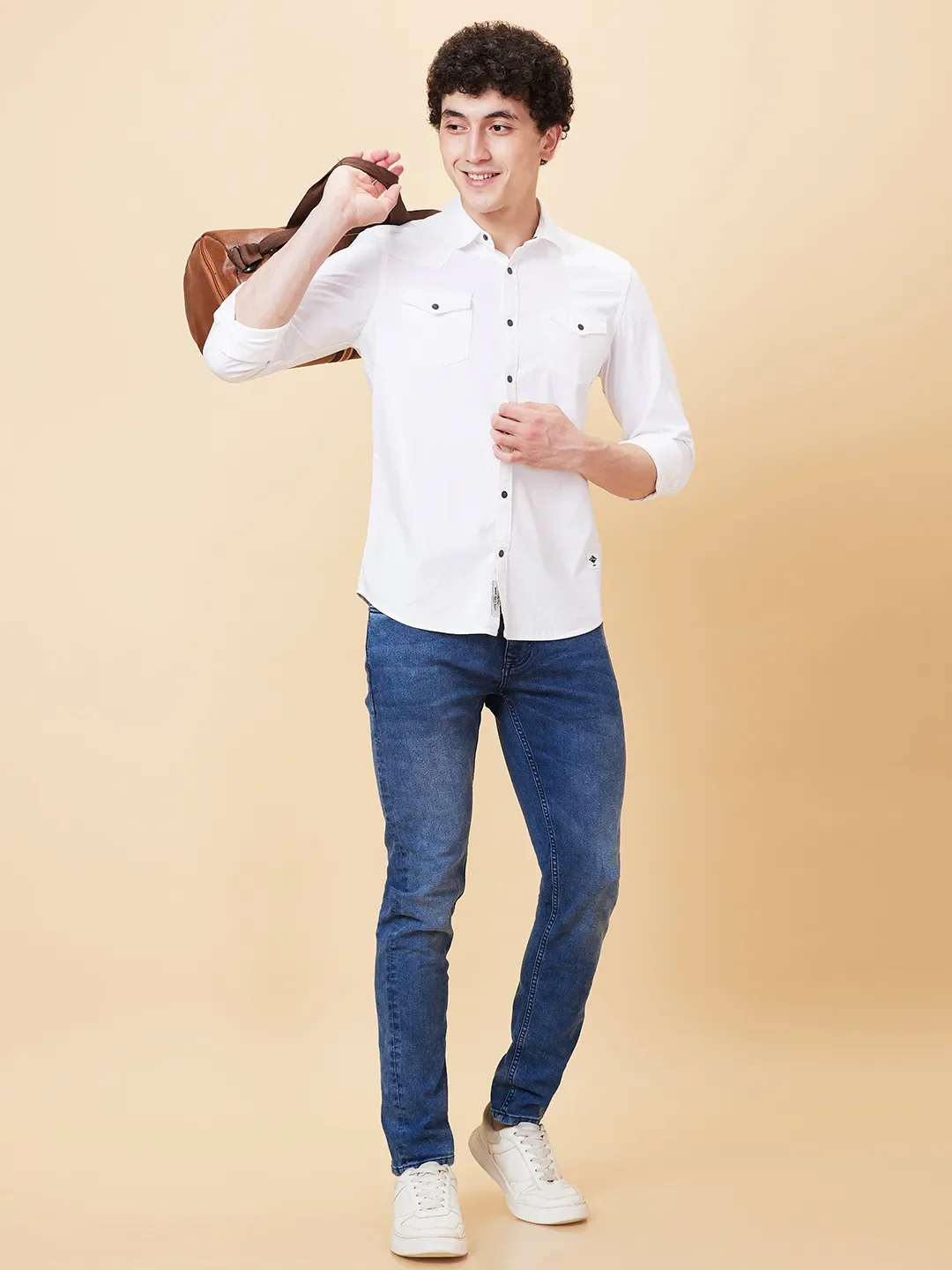 White Slim Straight Fit Regular Collar Long Sleeves Men's Shirt by Being Human Clothing - Image 5