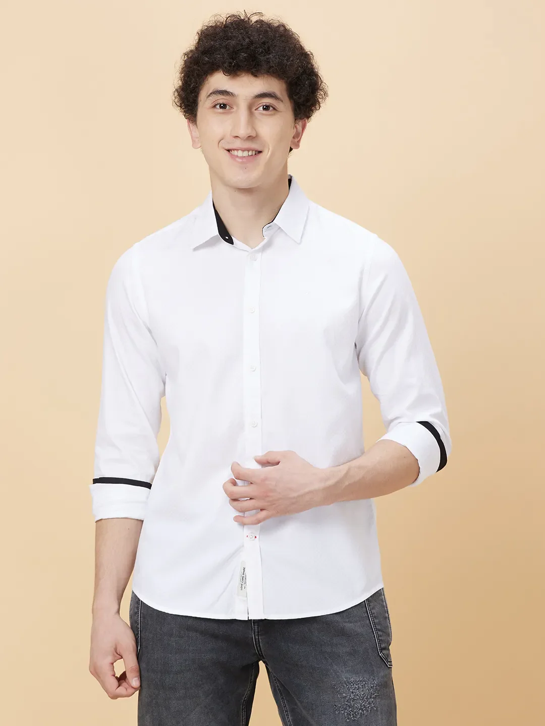 White Slim Straight Fit Regular Collar Long Sleeves Men's Shirt by Being Human Clothing