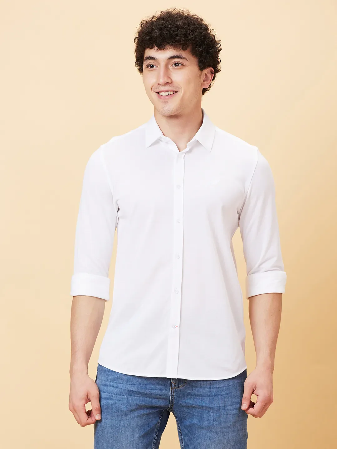 White Slim Straight Fit Regular Collar Long Sleeves Men's Shirt by Being Human Clothing