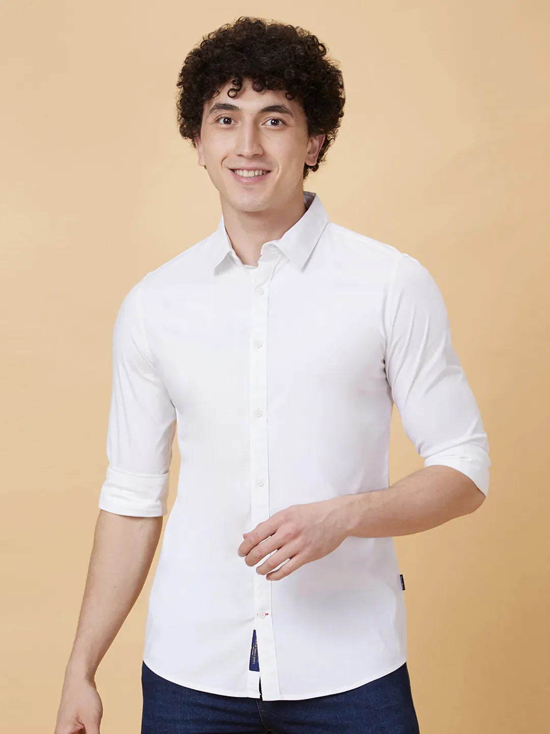 White Slim Straight Fit Regular Collar Long Sleeves Men's Shirt by Being Human Clothing