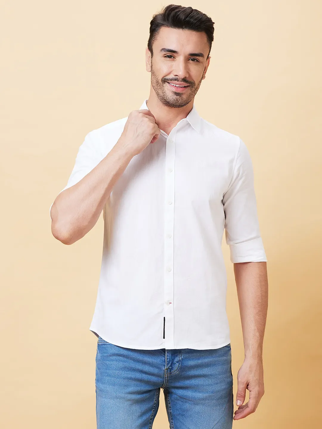 White Slim Straight Fit Regular Collar Long Sleeves Men's Shirt by Being Human Clothing