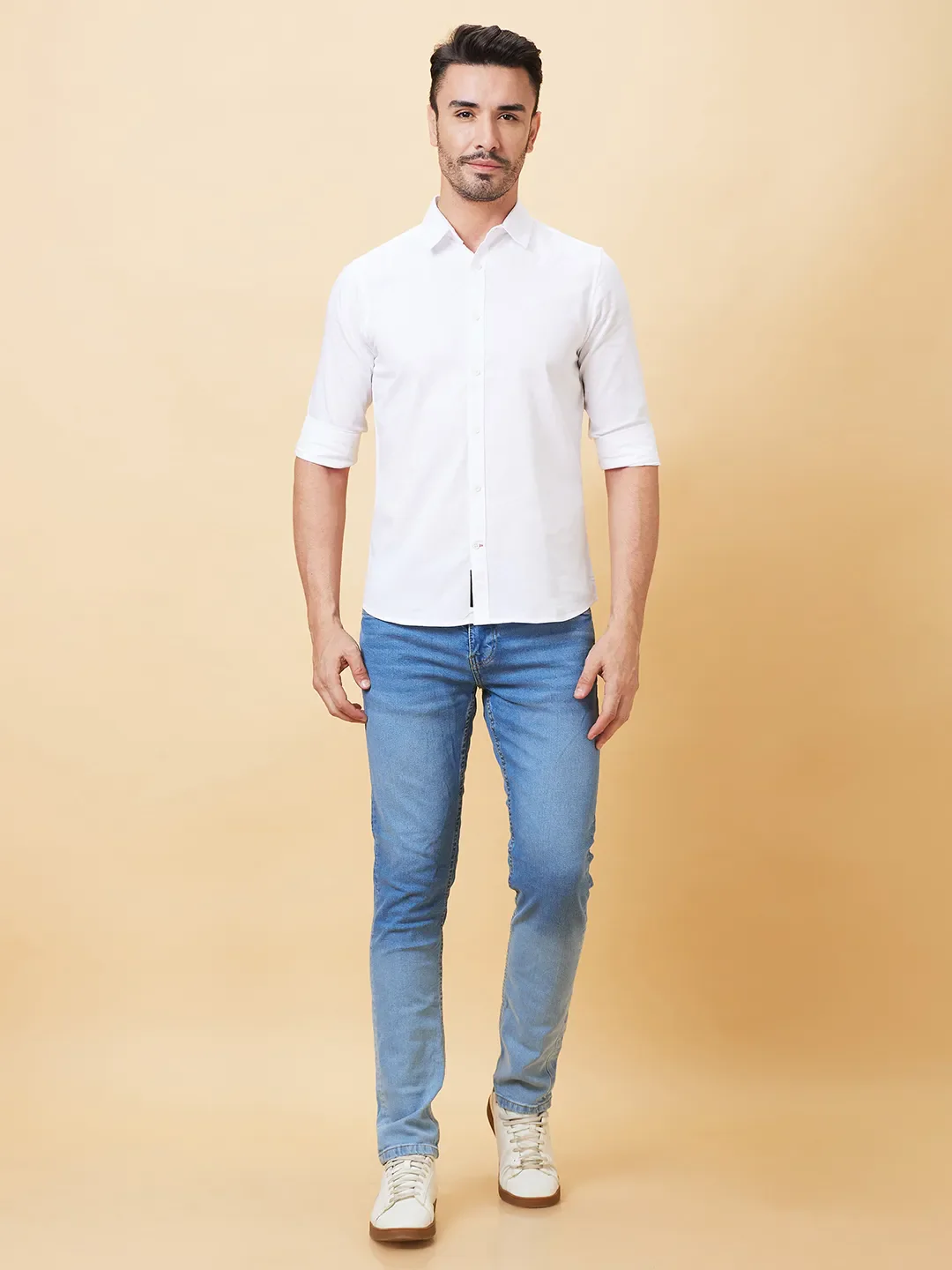 White Slim Straight Fit Regular Collar Long Sleeves Men's Shirt by Being Human Clothing - Image 2