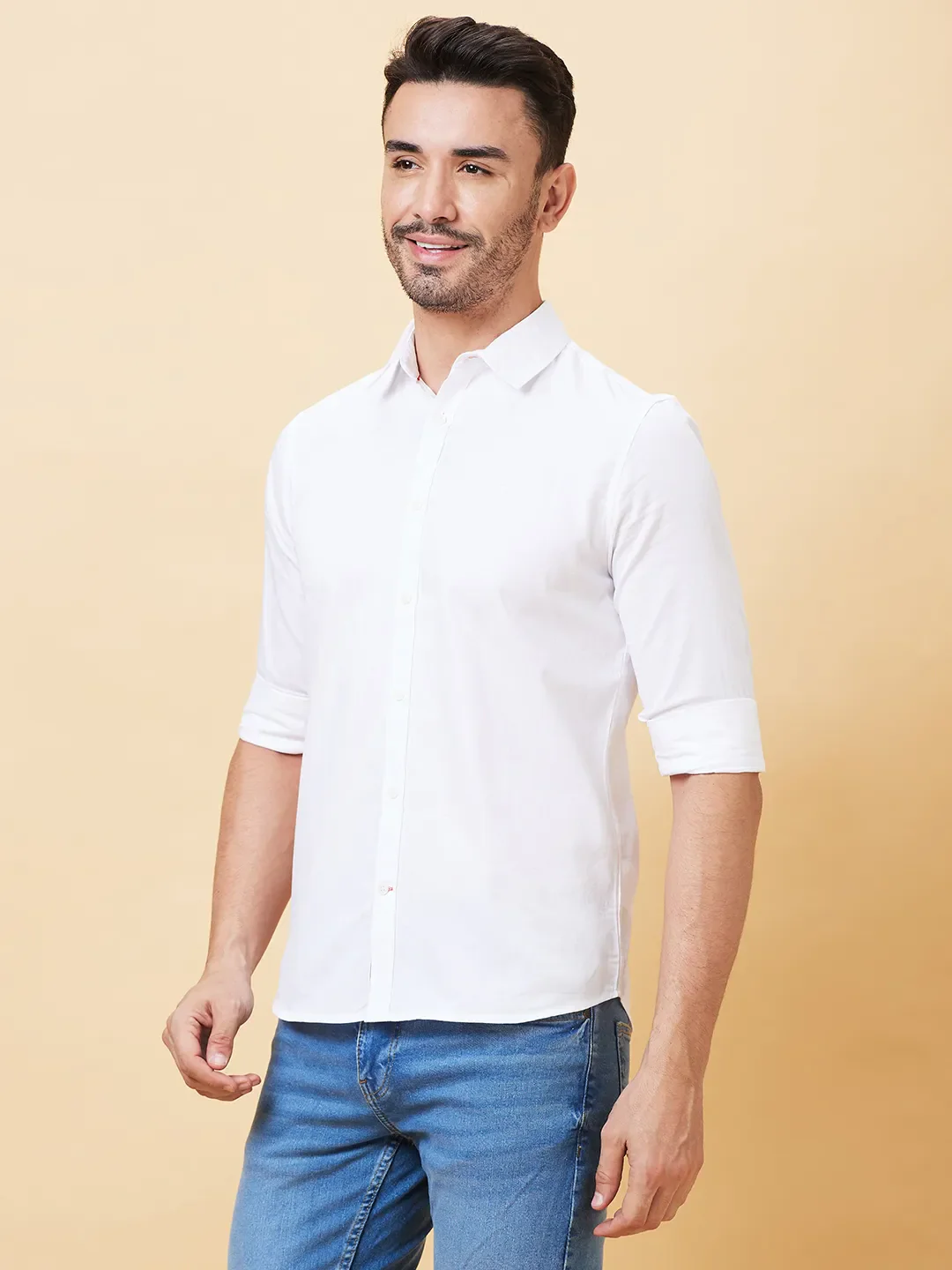 White Slim Straight Fit Regular Collar Long Sleeves Men's Shirt by Being Human Clothing - Image 4