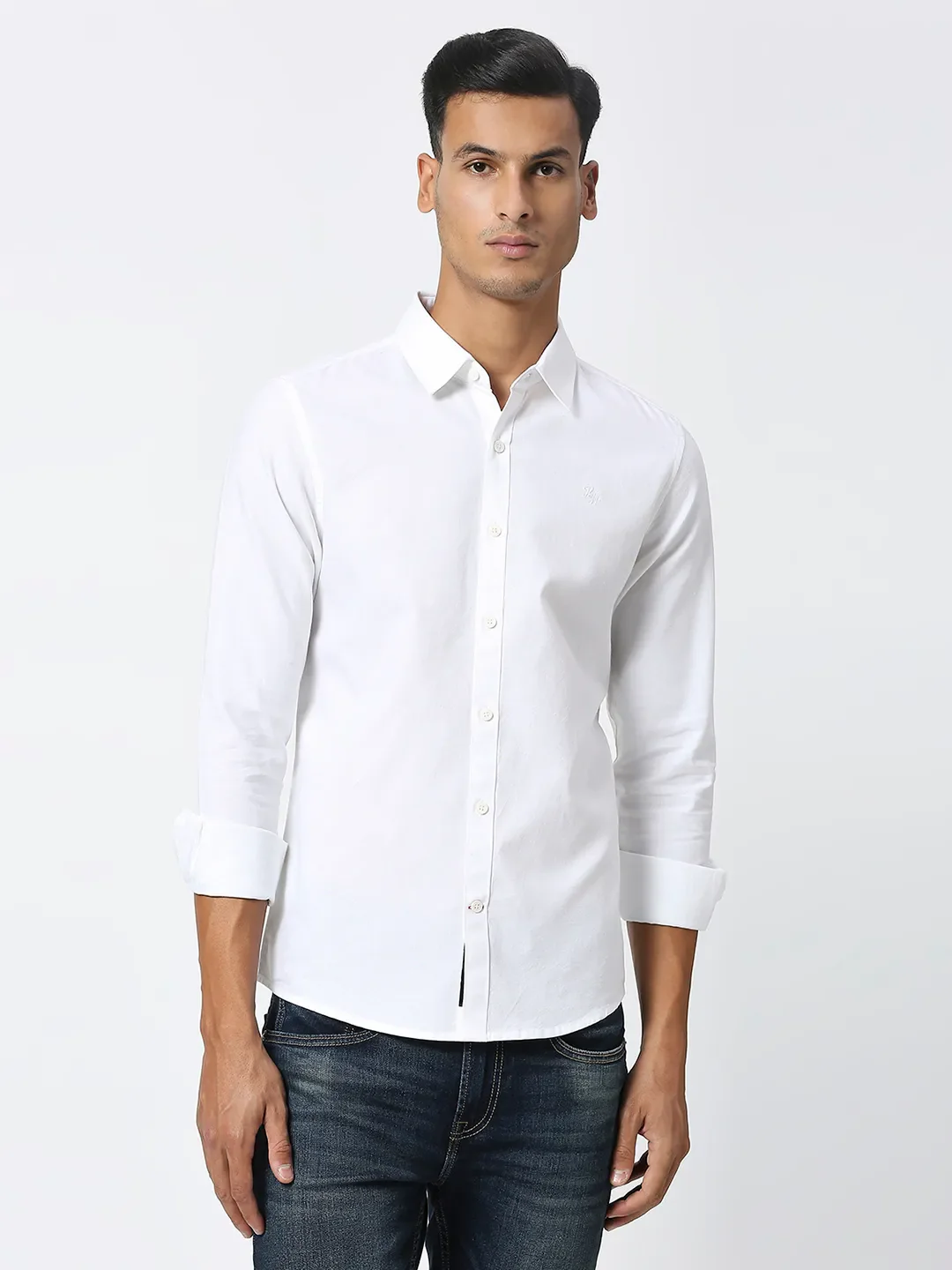 White Slim Straight Fit Regular Collar Long Sleeves Men's Shirt by Being Human Clothing
