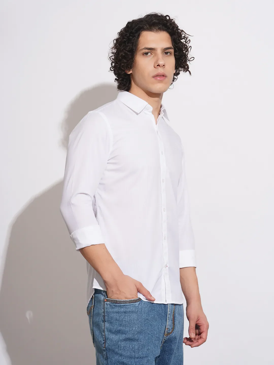 White Slim Straight Fit Regular Collar Long Sleeves Men's Shirt by Being Human Clothing - Image 2