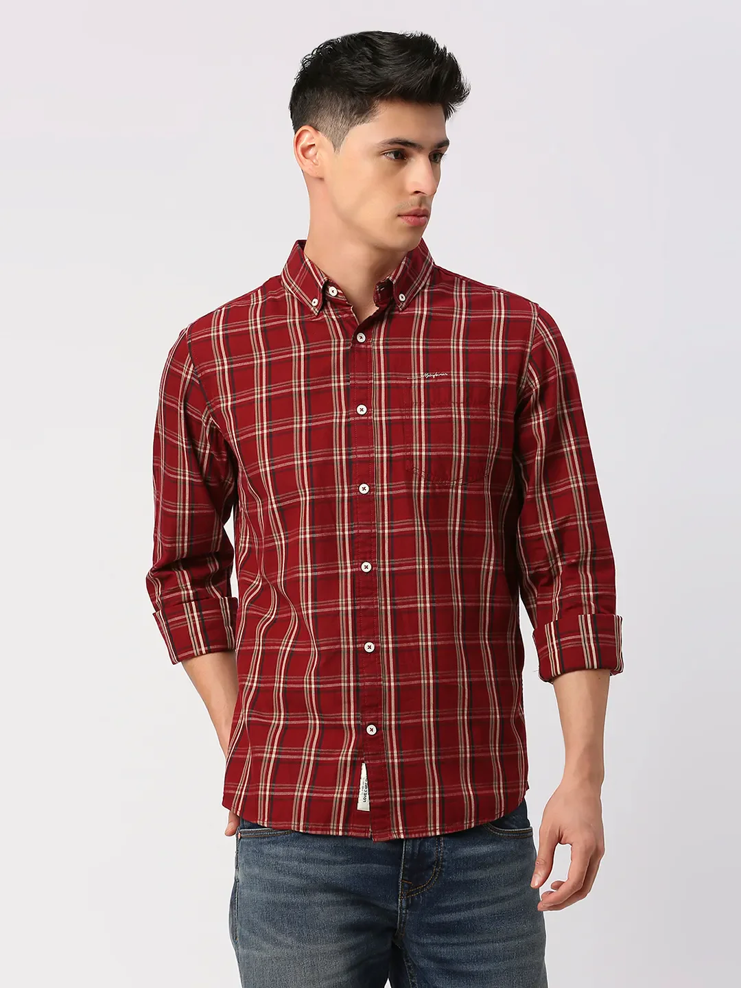 Red Slim Straight Fit Regular Collar Long Sleeves Men's Shirt by Being Human Clothing