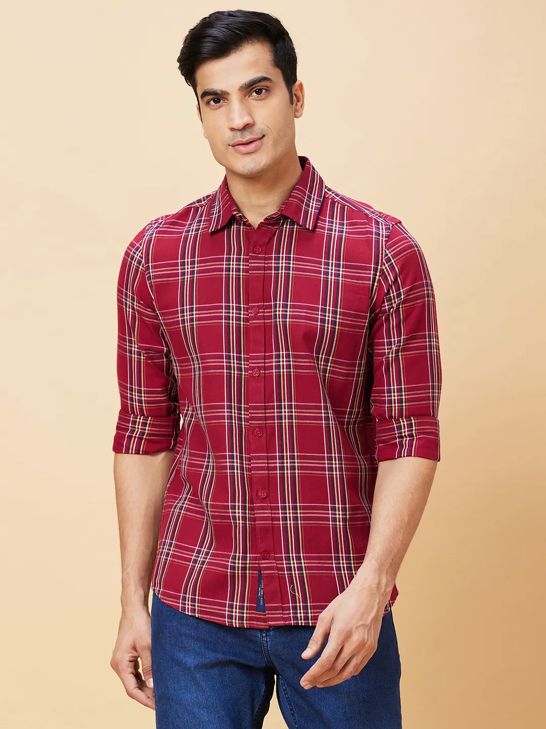 Red Slim Straight Fit Regular Collar Long Sleeves Men's Shirt by Being Human Clothing