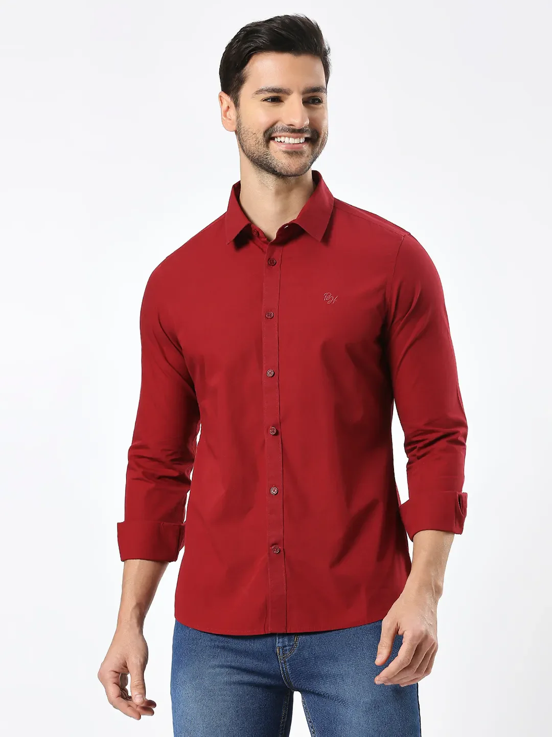 Red Slim Straight Fit Regular Collar Long Sleeves Men's Shirt by Being Human Clothing