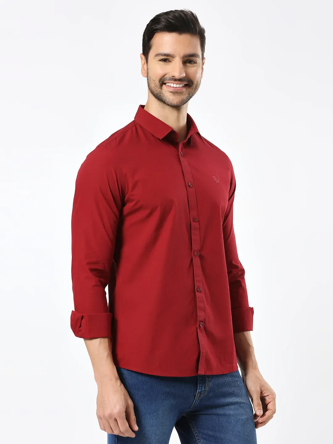Red Slim Straight Fit Regular Collar Long Sleeves Men's Shirt by Being Human Clothing - Image 3