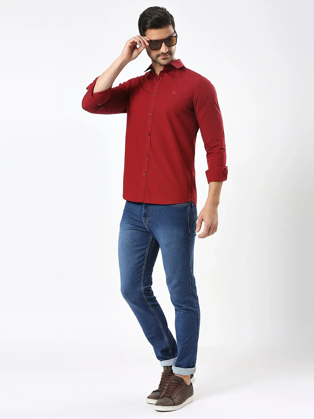 Red Slim Straight Fit Regular Collar Long Sleeves Men's Shirt by Being Human Clothing - Image 6
