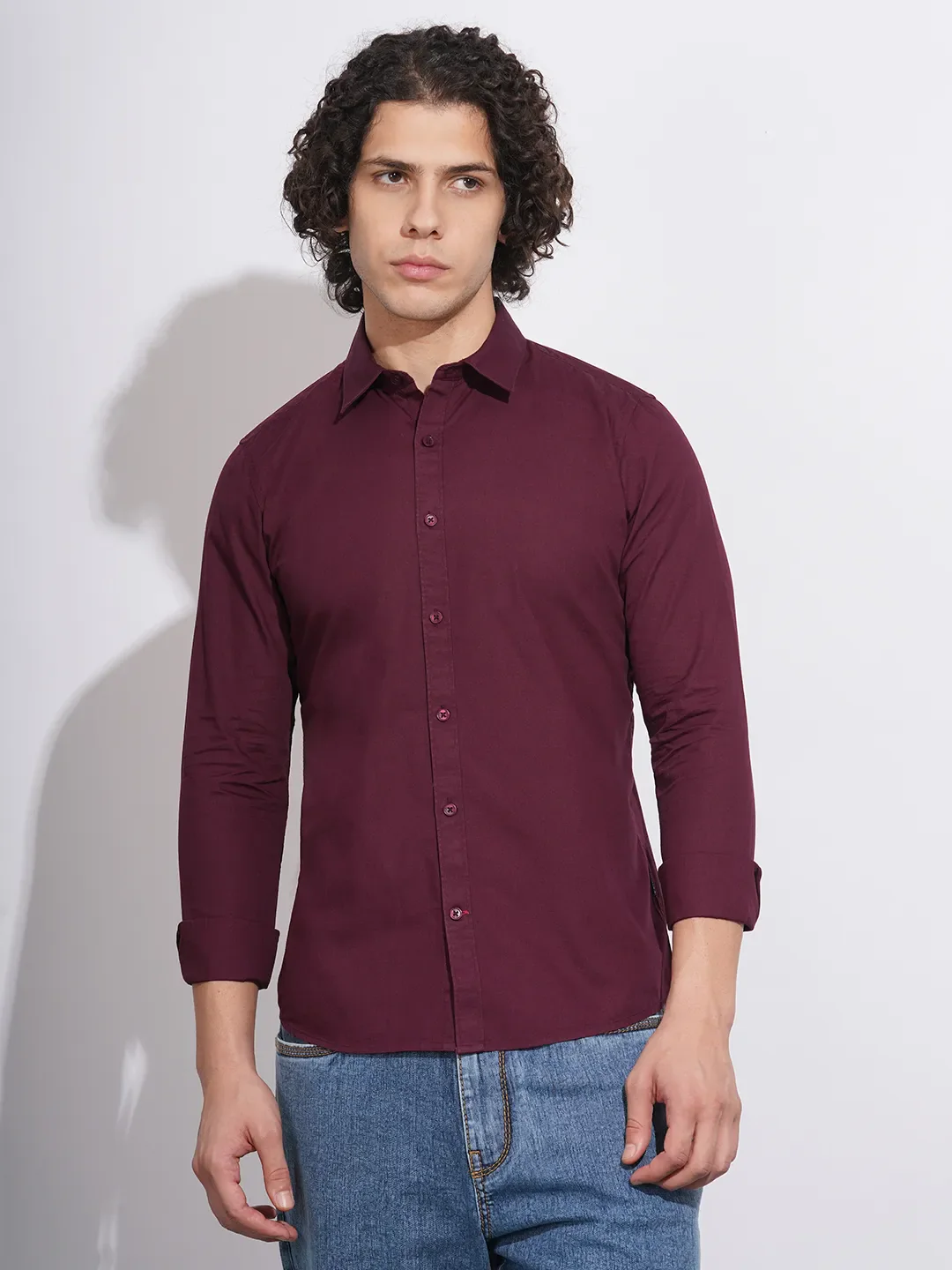 Wine Slim Fit Regular Collar Men's Shirt by Being Human Clothing