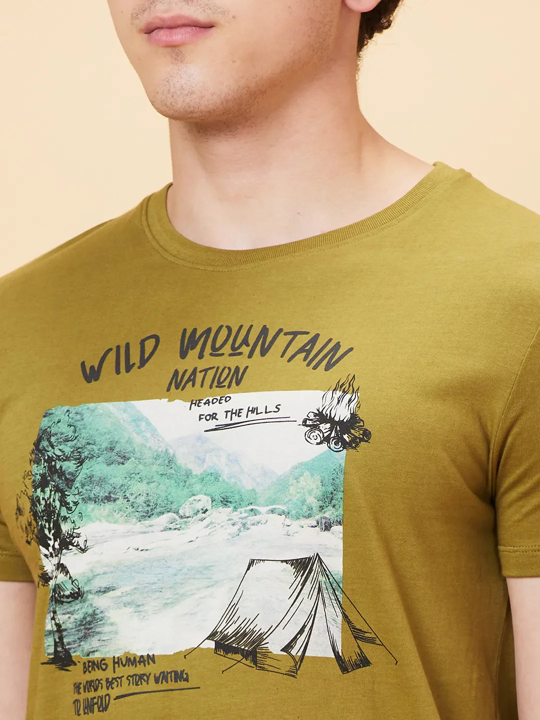 Olive Slim Fit Round Neck Men's T-Shirt by Being Human Clothing - Image 5