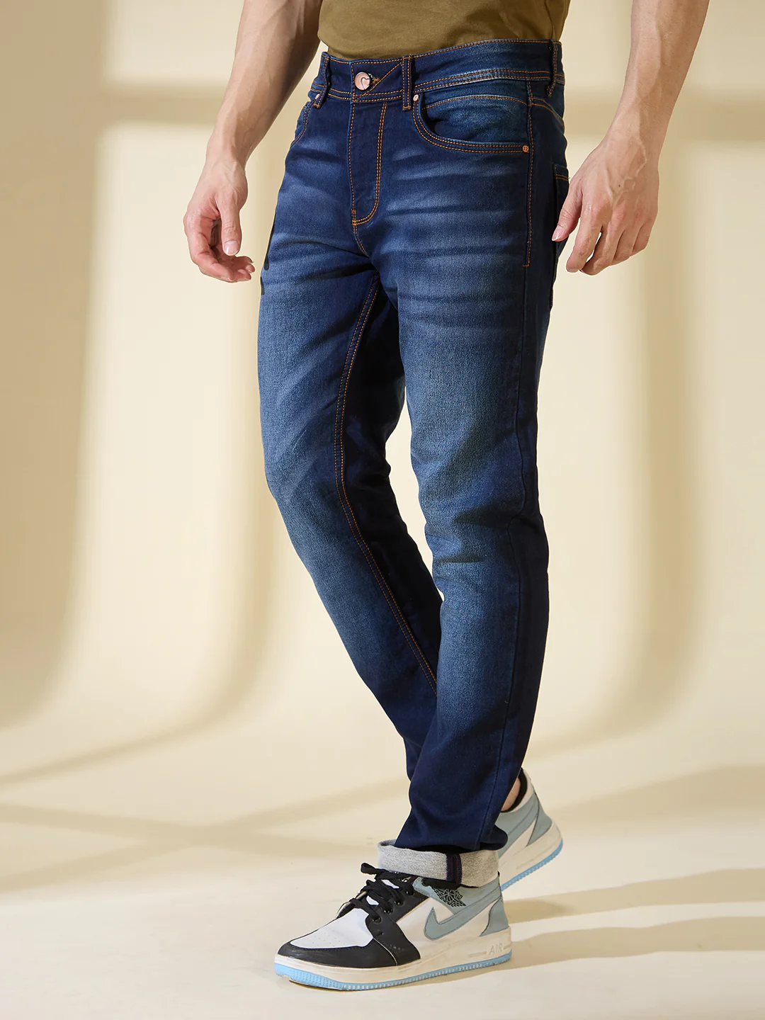 Dark Blue Slim Straight Fit Denims For Men By Being Human Clothing - Image 4
