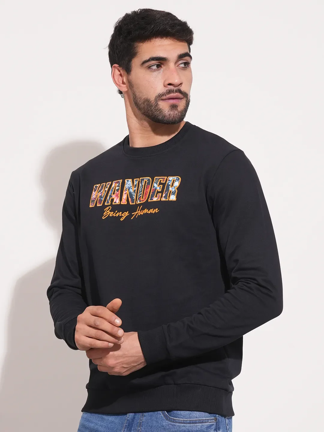 Black Regular Fit Round Neck Long Sleeves Men's Sweatshirt by Being Human Clothing - Image 4