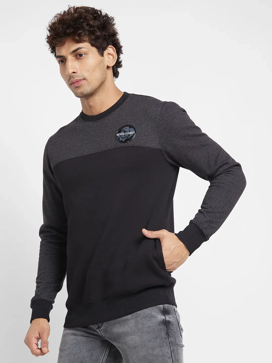 Black Regular Fit Round Neck Long Sleeves Men's Sweatshirt by Being Human Clothing - Image 3