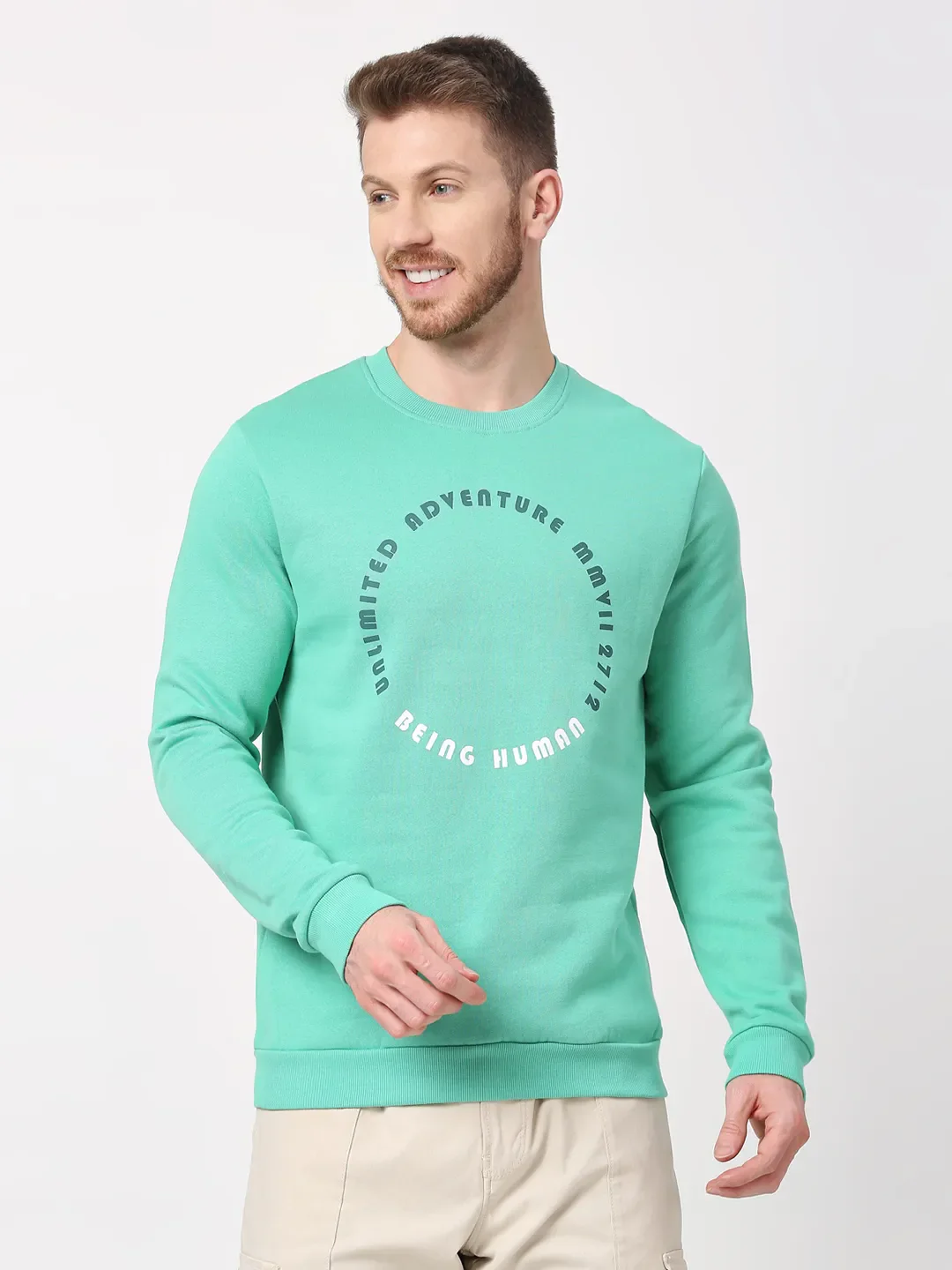 Green Regular Fit Round Neck Long Sleeves Men's Sweatshirt by Being Human Clothing